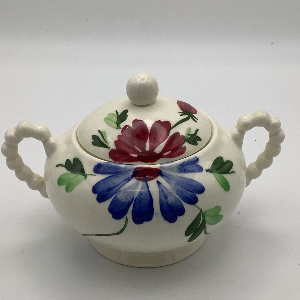 Southern Potteries Blue Ridge Hand Painted Mardi Gras Lidded Sugar Bowl